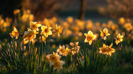 Vibrant yellow daffodils glowing in sunlight during early spring nature scene.の素材