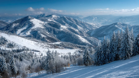 Cold alpine view featuring frozen slopes and clear horizon.の素材