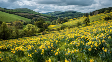Flower-covered hills creating vivid spring countryside panorama.の素材