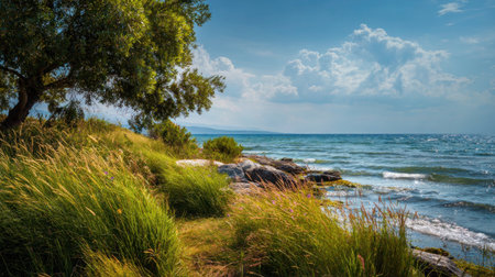 Peaceful coastline with lush grass and ocean horizon.の素材