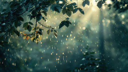 Sunbeams through tree canopy illuminating mist and foliage.の素材