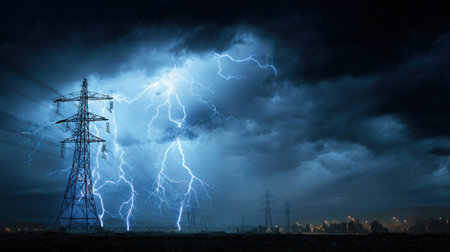 Electrical tower under storm clouds with visible lightning.の素材