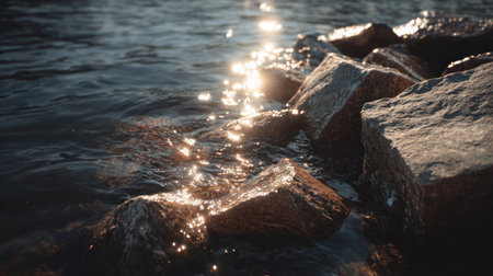 Peaceful shoreline scene with bright light over gentle ripples.の素材