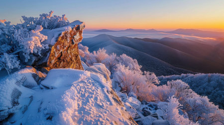 Breathtaking mountain view with snow and sunlight at dawn.の素材