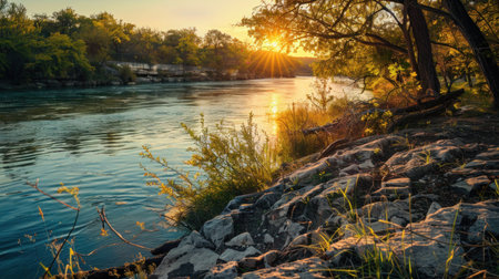 Romantic tropical sunset with pavilion silhouettes along shoreline.の素材