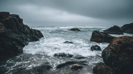 Stormy ocean landscape featuring rocks and rough sea.の素材