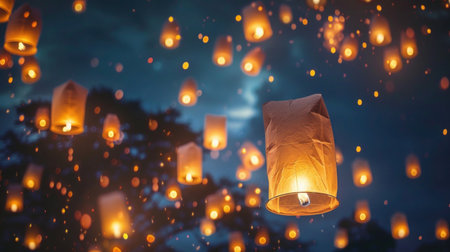 Warm floating lanterns lighting the night sky for ceremonial event.の素材
