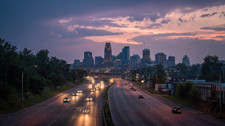 Evening scene of highway leading into illuminated city.の素材