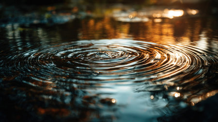 Peaceful water ripple effect from falling drop in moody light.の素材