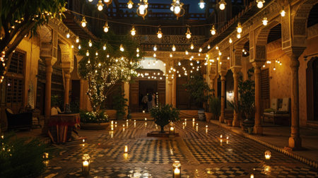 Beautifully lit patio with string lights and warm tones.の素材