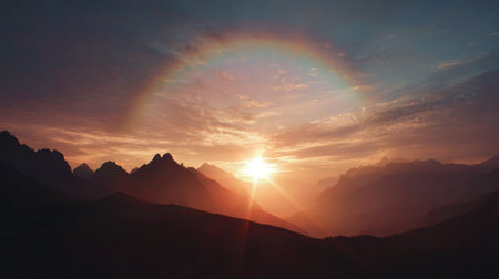 Mountain sunset featuring a luminous halo and layered ridges.の素材