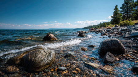 Picturesque seaside with rocks and shimmering ocean under blue sky.の素材