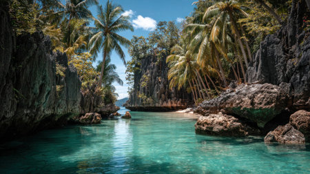 Exotic tropical paradise with cliffs and calm blue water.の素材