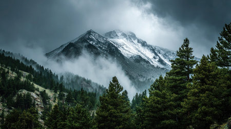 Breathtaking mountain view with snow-covered ridges and evergreen forest.の素材
