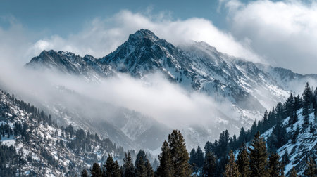 Winter mountain scenery with white snow and clouds.の素材