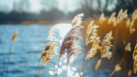 Natural dry reeds illuminated by afternoon light.の素材