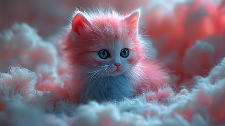 3d rendering of a cute kitten with blue eyes lying in a cloud of flowersの素材