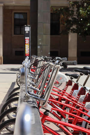 ZARAGOZA, ARAGON, SPAIN; 17 August 2021: Bicycle rental service for use in the city. Public...