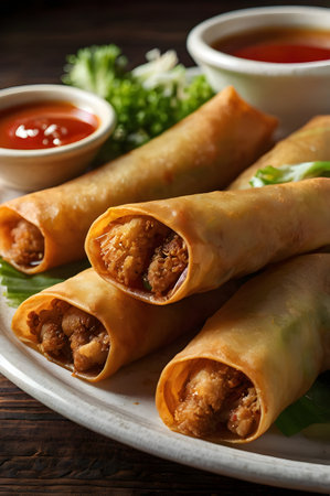 Close-Up of Crispy Lumpia with Dipping Sauceの素材