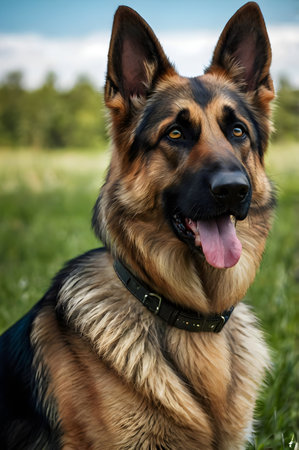 Focused German Shepherd in Lush Grassの素材