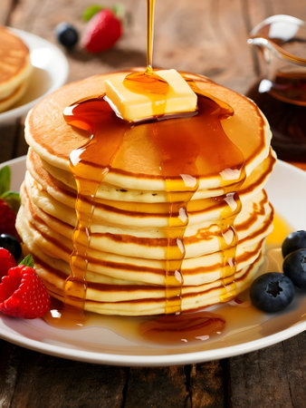 Close-up of Fluffy Pancakes Topped with Melting Butter and Drizzled with Maple Syrup, Served with Fresh Berriesの素材