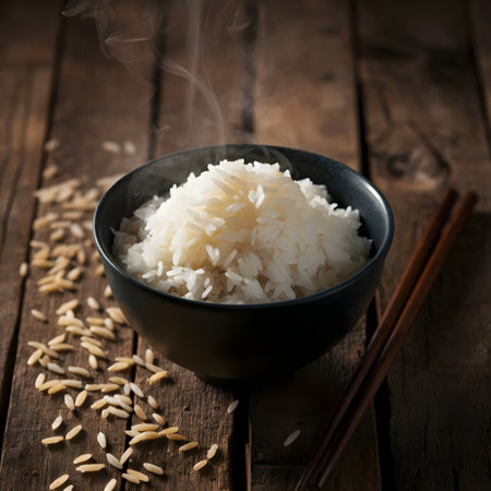 Bowl of White Rice on Rustic Wooden Tableの素材
