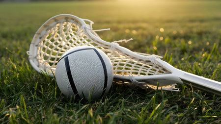 Close-Up of Lacrosse Ball and Stick on Freshly Cut Grass, Netting of Stick Catches Golden Rays of the Setting Sunの素材