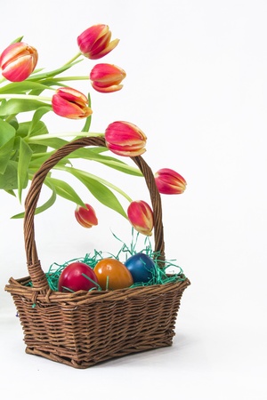 Easter Basket with Eggs and Tulipsの写真素材