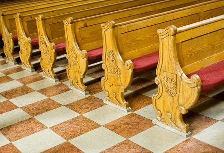 Wooden benches in a churchの写真素材