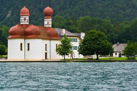 St. Bartholomae church by Koenigsee lake in Austriaの写真素材