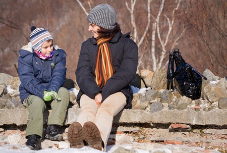 Mother and son having good time together outdoorsの写真素材