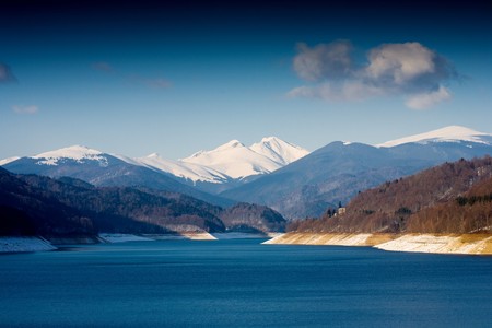 Beautiful landscape with mountains and lakeの写真素材