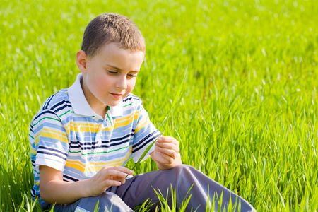 Portrait of a cute kid in a wheat fieldの写真素材