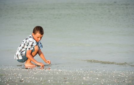 Cute kid picking shells on the sea shoreの写真素材