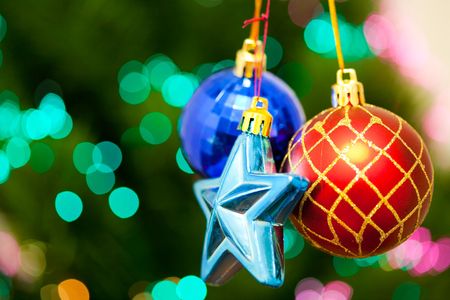 Christmas balls with beautiful bokeh lights in the backgroundの写真素材