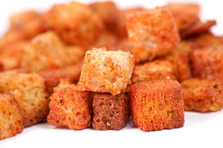 Close up of delicious croutons isolated on white backgroundの写真素材