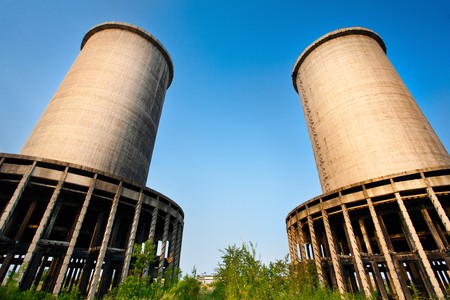 Twin towers, landscape of industrial ruined buildingsの写真素材