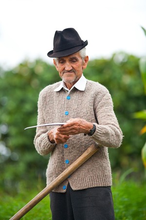 Senior farmer using scythe to mow the lawn traditionallyの写真素材