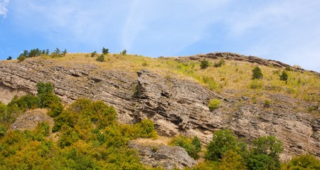 Landscape with hills and forest under blue skyの写真素材