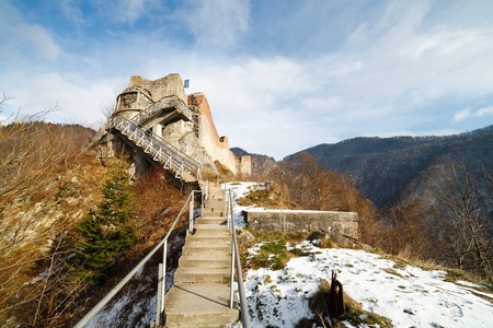 Landscape with Dracula's fortress at Poienari, Romaniaの写真素材