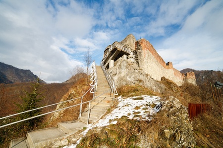 Landscape with Dracula's fortress at Poienari, Romaniaの写真素材