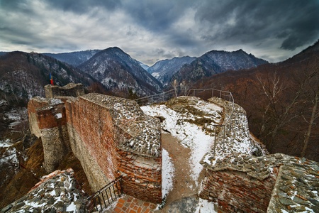 Landscape with Dracula's fortress at Poienari, Romaniaの写真素材