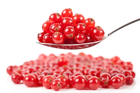Macro of fresh red currant berries isolated on white backgroundの写真素材