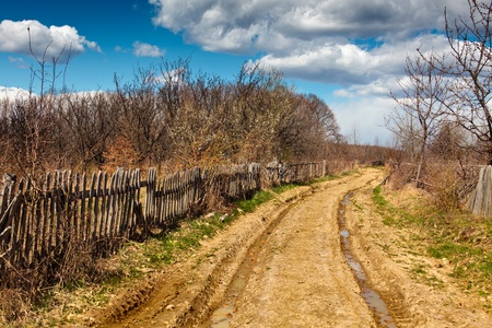 Rural landscape with a road and sky with fluffy clouds