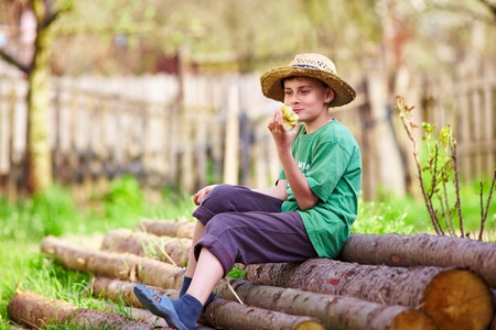 Portrait of a happy boy with a straw hat sitting on a pile of pine logsの写真素材