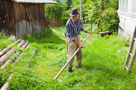 Senior farmer using scythe to mow the lawn traditionallyの写真素材