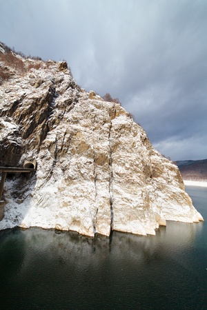 Dam lake Vidraru in the winter, in Romanian mountainsの写真素材