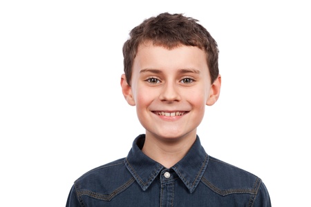 Closeup portrait of a cute boy isolated on white backgroundの写真素材