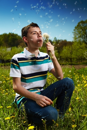 Kid blowing dandelions seeds in the wind in the countrysideの写真素材