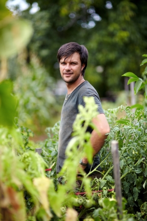 Young farmer in his orchard on a beautiful summer dayの写真素材